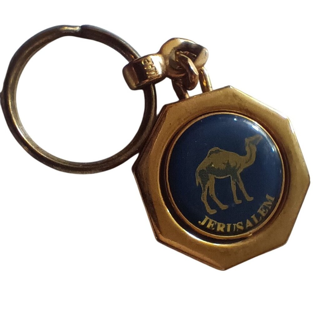 Vintage Jerusalem Israel Camel Keyring Brass Enamel Spinner Souvenir